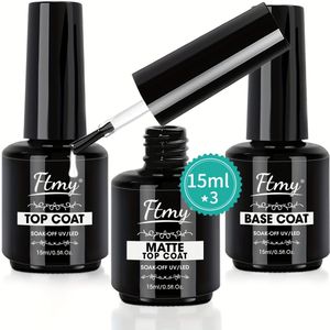 3- 15ml Gel en Basislaag Set met Matte - Glans Afwerking en Langdurig, Soak Off LED Nagellamp Gel voor Manicure Cadeaus voor Vrouwen