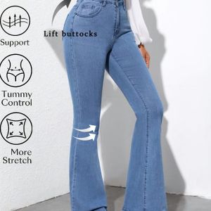 1pc Dames Lichtblauwe High Stretch Skinny Jeans met Lifting Button , Casual Stijl, Kleur, Alle Seizoenen, Lange Lengte, Geweven Denim Stof