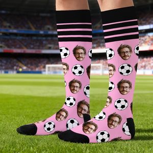 1 Paar Gepersonaliseerde Voetbalsokken met Foto - Groen & Gestreept, Handwas, Polyester Mix, Comfortabel voor Alle Seizoenen, Perfect Cadeau voor Verjaardagen, Voor Tieners