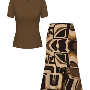 Vrouwen Elegante Set: Kleurblok Ronde Hals Korte Mouw Top en Geometrisch Print Rok Tweedelige Set