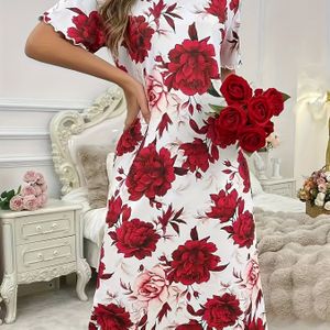 Dames Elegante Korte Mouw Nachtjapon - Bloemenprint Slaapjurk met Elastische Ronde Hals & Korte Mouwen, Wasmachinebestendige Eendelige Pyjama Jurk voor Lounge & Bed - Zachte Ademende Kamerjas