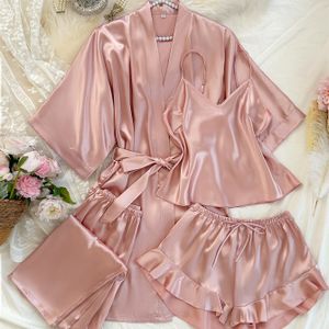 Vrouwen V-hals Comfortabele en Sexy Slaapset met Camisole Top, Shorts en Lange Broek 4- Set