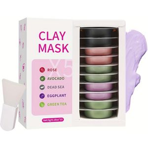 10 Stuks Aardewerkmasker Set - Avocado, , Roos, Theeboom - Hydraterend & Moisturiserend, Alcoholvrij, Met Toepassingsborstel, Voor Alle Huidtypes, Aardewerkmaskers Voor Het Gezicht