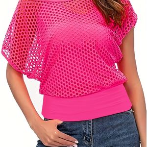 Tweedelige Set: Vrouwen Casual Mode Neon 80s Tanktop + Visnet Off-Shoulder Shirt