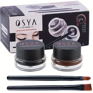 2-in-1 Gel Eyeliner Set, 24 Uur Langhoudende Gepigmenteerde Waterdichte Matte Vlekvrije Oogpotloodcrème met Kwast, Zwart en