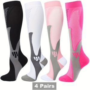 4 Paar Professionele Kniehoge Compressiekousen voor Mannen & Vrouwen - Belastbaar, Geschikt voor Alle Seizoenen - Nylon/Elastaan (Zwart/Wit/Roze/Grijs) - Marathonlopen, Gym, Voetbal Sportkousen