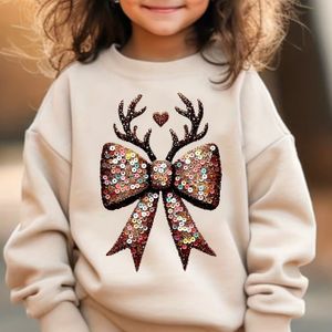 CHICFULL 'Glinsterende Strass-versierde Kerstrendier Gewei Strik & Hart Trui - Beige Wintertrui met Gewei Strik, Ronde Hals Pullover voor Feestjes & Casual (& Kinderen)