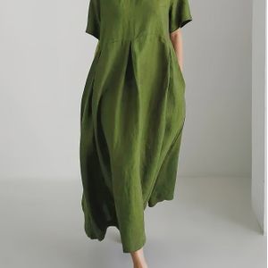 Stijlvolle Kleur Ronde Hals Losse Jurk met Korte Mouwen - Casual Chique Stijl, Niet-Rekbare Stof, Zakken, Draag voor Vrouwen, Casual Chique Jurk | Ronde Hals Jurk | Niet-Rekbare Jurk