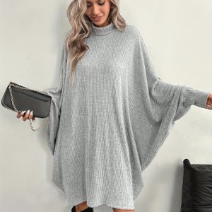 Dames Elegante Kleur Vleermuismouw Jurk - Hoge Hals Lange Mouw A-Lijn Midi Lengte Winterjurk, Wasmachinebestendig Kleur (Geen ) Jurk voor Kerk, Bruiloftsgast - Gezellige Herfst & Winter Outfits