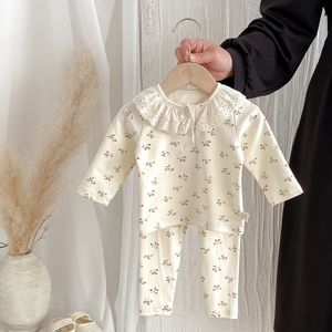 Meisjes Lange Mouwen Bloemenbroek Set van 2 Stuks, Kindermeisje Kantkraag Outfit van 2 Delen, Perfect voor Buiten in Lente en Herfst