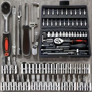 46pcs Car Repair Tools Kit, Carbon Steel Ratchet Wrench Socket Tool Box, Durable Metal Home Tool Box, Combination For Machinists And Diy Enthusiasts Repair Tools