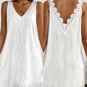 Dames Mouwloze V-Hals Kant Jurk - Zomer Casual Chique Jurk met Contrast Kant Details, Lichtgewicht Ademende Stof voor Strand, Tuin, Of Vakantie, Kant Jurk