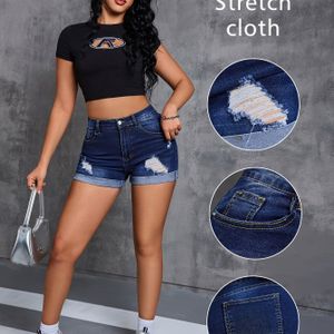 Vrouwen Spijkerbroekshorts met Trekkoord en Gescheurde Details