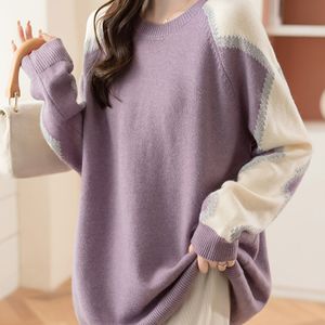 & Wit Kleurblok Trui met Ronde Hals voor Dames - Zachte Polyester Mix Raglan Mouwen Pullover, Gezellige Casual Herfst Winter Lange Mouw Top, Schattige Sweaters, Comfortabele Textuur