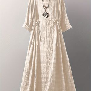 Plus Size Women's Elegant Print Linen-rayon Blend Dress - Three-quarter Sleeve Round Neck With Drawstring Waist, Breathable Long Dress For Casual & Formal Occasions