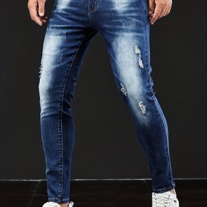 Herenslim-fit lichtblauwe denim jeans met ruwe zoom - Stretchstof, klassieke reguliere pasvorm, casual kleding voor alle seizoenen, dagelijkse jeans|Slim fit jeans|Stretch denim