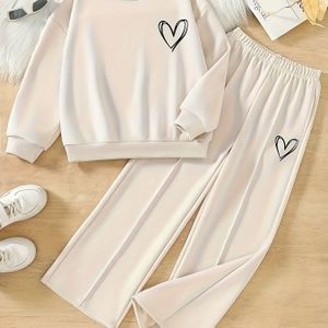Herfst- en Wintermode Meisjes Trendy Hartpatroon Abrikoos Lange Mouwen Sweatshirt met Het Dezelfde Casual Broek Tweedelige Set Geschikt voor Uitjes en Vakanties, voor Buiten