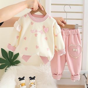 Meisjes Hartprint Kant Sweatshirt en Broek Tweedelige Set, Perfect voor Buiten in Lente en Herfst