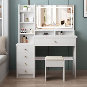 Modern White Wooden Dresser With Led Lighting Mirror, 3 Drawers & 5 Shelves – Stylish Cosmetic Table For Bedroom Or Bathroom, Hardwood Construction, Spacious Storage, , Dresser For Bedroom