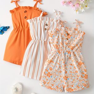 Meisjes Romper Shorts met Bloemen- en Streepprint, Ruchesafwerking & Strikje - Zomerse Casual Jumpsuit 3 Delige Set voor Dagelijks Gebruik of Vakantie