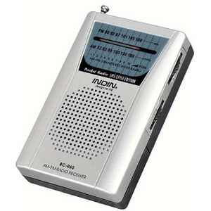 INDIN BC-R60 AM FM Draagbare Zakradio, Compacte Transistor Radio - Uitstekende Ontvangst, Luide Speaker, Oortelefoonaansluiting, Lange Batterijduur, Werkt op 2 AA-batterijen (Zilverkleurig)