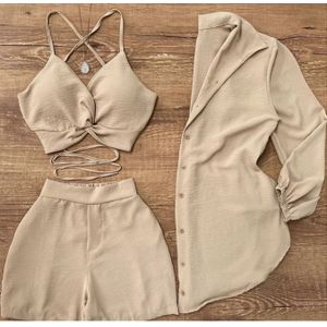 Dames Driedelige Set, Strapless Top [Zonder Vulling] + Shorts + Shirt, Geschikt voor Dagelijks Gebruik en Vakantie