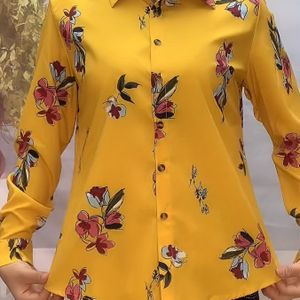 Vrolijke Gele Bloemenprint Overhemd Met Knopen - Lange Mouwen, Elegante Kraag, Veelzijdige Top Met Zwarte Zakken, Bloemenprint Blouse