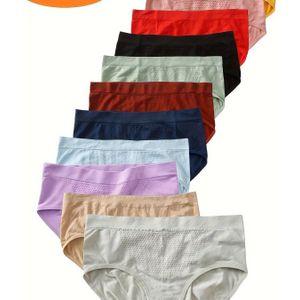 11 stuks Vrouwen Mid-Rise Bikini Slips, Polyester en Spandex Blend, Eenvoudige Kleur, Naadloze Gebreide Stof, Ademend Snel