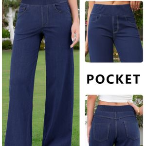 Vrouwen's High-Waisted Wijdpijpje Jeans - Stretch Denim, Effect, Rechte Pijpen Design, , Donkerblauw, Casual tot Formele Kleding, Hoge Taille Jeans