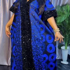 Plus Size - Plus Size Bedrukte Paillettenjurk met Vleermuismouwen en V-hals, Lange Damesjurk