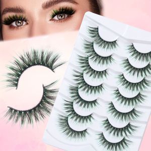 7 paar nepwimpers met groene haardraad en zwarte steel visstaart, 20mm - Regenboog