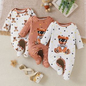 3-delige Jongens Jumpsuit Set met Beer Cartoon Print Lange Mouwen Romper, Comfortabele Zachte Stof, Perfect voor Buiten