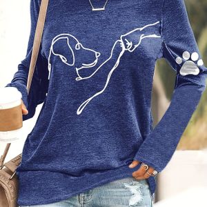 T-shirt Met Hond- En Pootafdruk, Casual Top Met Lange Mouwen Voor Lente En Herfst, Dameskleding