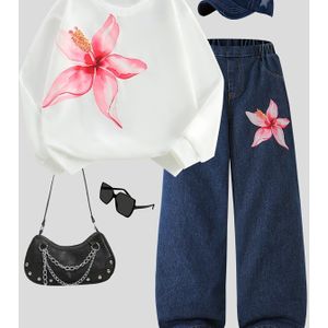 Meisjes Tweedelige Set: Kleur Ronde Hals Bloemenprint Lange Mouwen Trui + Kleur Losse Enkelpantalon Casual Herfstoutfit, Ideaal voor Buiten