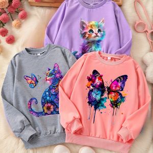 3 stuks Meisjes Lente/Herfst Lange Mouwen Ronde Hals "Schattige Cartoon Kat & Vlinder" Print Sweatshirt, Relaxed Fit Sweatshirt,Schattige Cartoon Print,Comfortabel Materiaal,Zacht Stof,Casual Top
