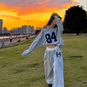 Meisjes Trendy Tweedelige Outfit met Off-The-Shoulder Design en Zakken aan Kanten, Perfect voor Buiten in de Lente en Herfst, Voor Tieners, Voor Tieners