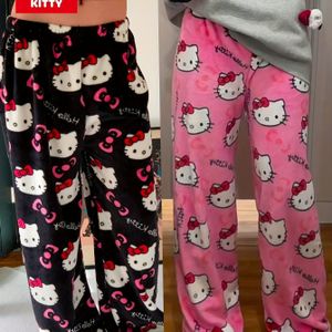For Hello Kitty Two-piece Flannel Warm Autumn And Winter Women's Home Clothes Set Worn Outdoors Leisureively Wide-legged Pants Options (/adult)