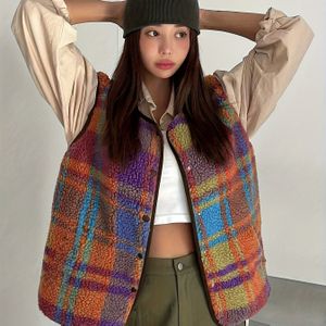 Dames 2025 Herfst/Winter Geruit Vest Jas - Warme Fleece Gevoerde Kraagloze Jas met Levendig Multicolor , Elegante Casual Stijl, Perfect voor Herfst & Winter