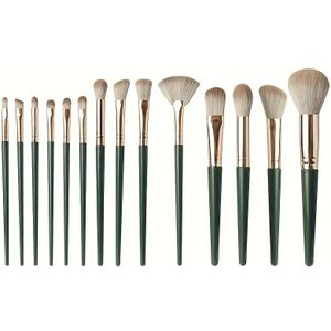 14-delige Make-up Kwastenset - Pluche, Groene Professionele Kwasten voor Volledig Gezicht & Oogdetails - Ideaal voor Foundation, Contouren &