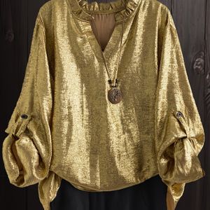 Plus Size - Gouden Blouse met Manchetten voor Dames in Grote Maten - Elegante V-Hals Blouse met Lange Mouwen en Verstelbare Manchetten, Niet-Rekbare Stof, Kleur