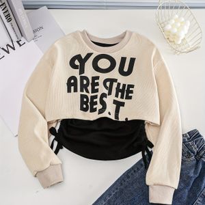 Meisjes Casual "" Two-Piece Sweatshirt - Kleurblok, Lange Mouw, Ronde Hals voor Lente/Herfst, Beige met Zwarte Lettering, Mode, Schattig Kleding