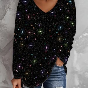 Plus Size - Dames Plus Size Mode Tie-Dye Print V-Hals Lange Mouw T-Shirt | Casual Losse Pasvorm, Geschikt voor Thuis en Buiten, Veelzijdige Basic Top