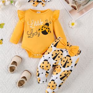 Baby Meisjes Lente/Herfst 2024 Ladybug Print Lange Mouw Body en Strikbroek Set, Schattig Dierenpatroon, Polyester en Spandex , Reguliere Pasvorm Outfit, voor Buiten
