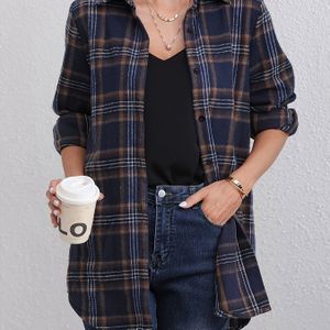 Plus Size Casual Geruit Overhemd voor Dames - Lange Mouwen, Knoopsluiting, Omkeerbare Kraag, Machinewasbaar, Polyester, Herfst/Winter Mode, Blauw & Zwart Geruit