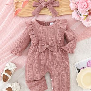 Mode Baby Meisje Kleur Licht Elastische Strik Comfortabele Jumpsuit + Hoofddoek Tweedelige Set, voor Buiten