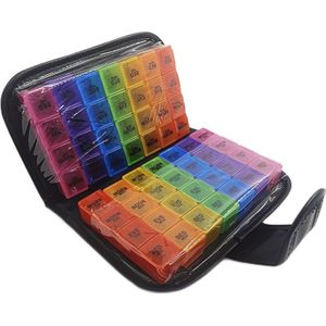 14-Daagse 56-Vakken Leren Etui met Kleurrijke Plastic Pillendozen - Reisvriendelijke Medicatie- en Supplementopslag