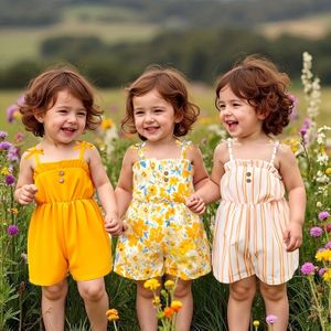 Zomer 0-3Y baby meisjes driestel romper, landelijke romantische stijl, mouwloos, casual en modieus, geschikt voor buitenreizen en dagelijks , perfect voor buitenshuis