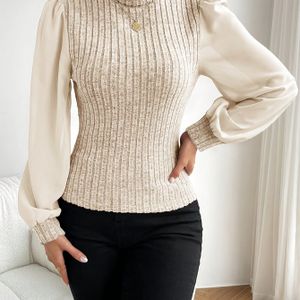 1pc Elegante Effencolor Hoge Hals Turtlehals voor Vrouwen, Polyester Breiweefsel, Lange Pofmouwen, Universeel Alle-Seizoenen Overhemd