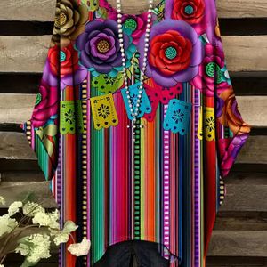 Plus Size - Dames Plus Size Vibrant Bloemenprint Tuniek Top - Casual Korte Mouw, Ronde Hals, Lichtgewicht Polyester Blend, Zomerstijl, Machine Wasbaar, Bloemenprint Top