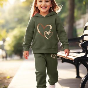 2 stuks Meisjesoutfit, Schattige Hoodie met Hartprint en Joggingbroek Set voor Casual Stijl - Perfect Cadeau